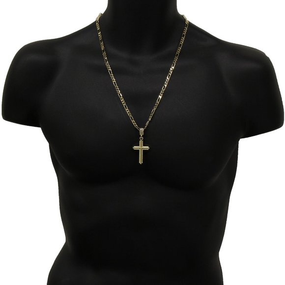 14k Gold Cross 24" Figaro Chain + Pendant - Picture 1 of 4